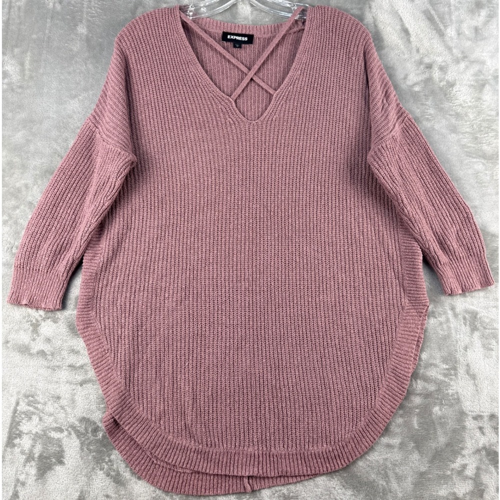 Express Sweater Womens M Strappy V-Neck Mauve Pink Ribbed Knit High Low EUC